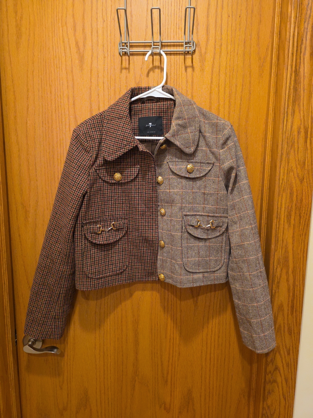 7 For All Mankind Two-Tone Brown Plaid Cropped Blazer with Horse Bit Detail